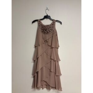 S.L. Fashions Beige Beaded‎ Neck Tiered Cocktail Midi Dress, Women's Sz 6
